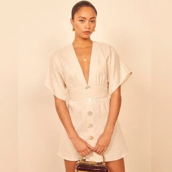 NWT Reformation Ty Kimono Linen Abalone Shell Button Cream Mini Dress Size 2 - Picture 4 of 12